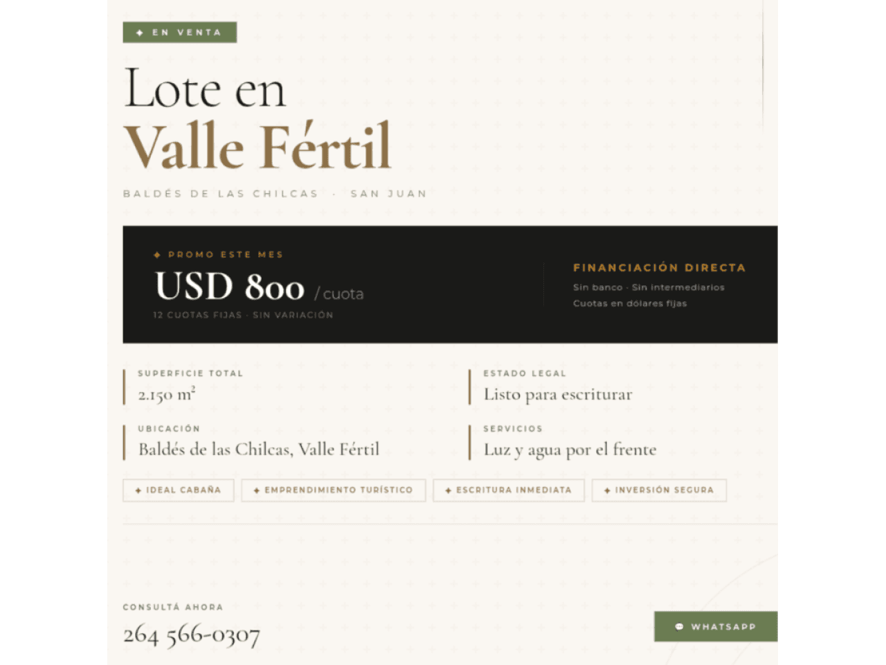 12 Cuotas Fijas De 800 Dólares Lote En Valle Fertil