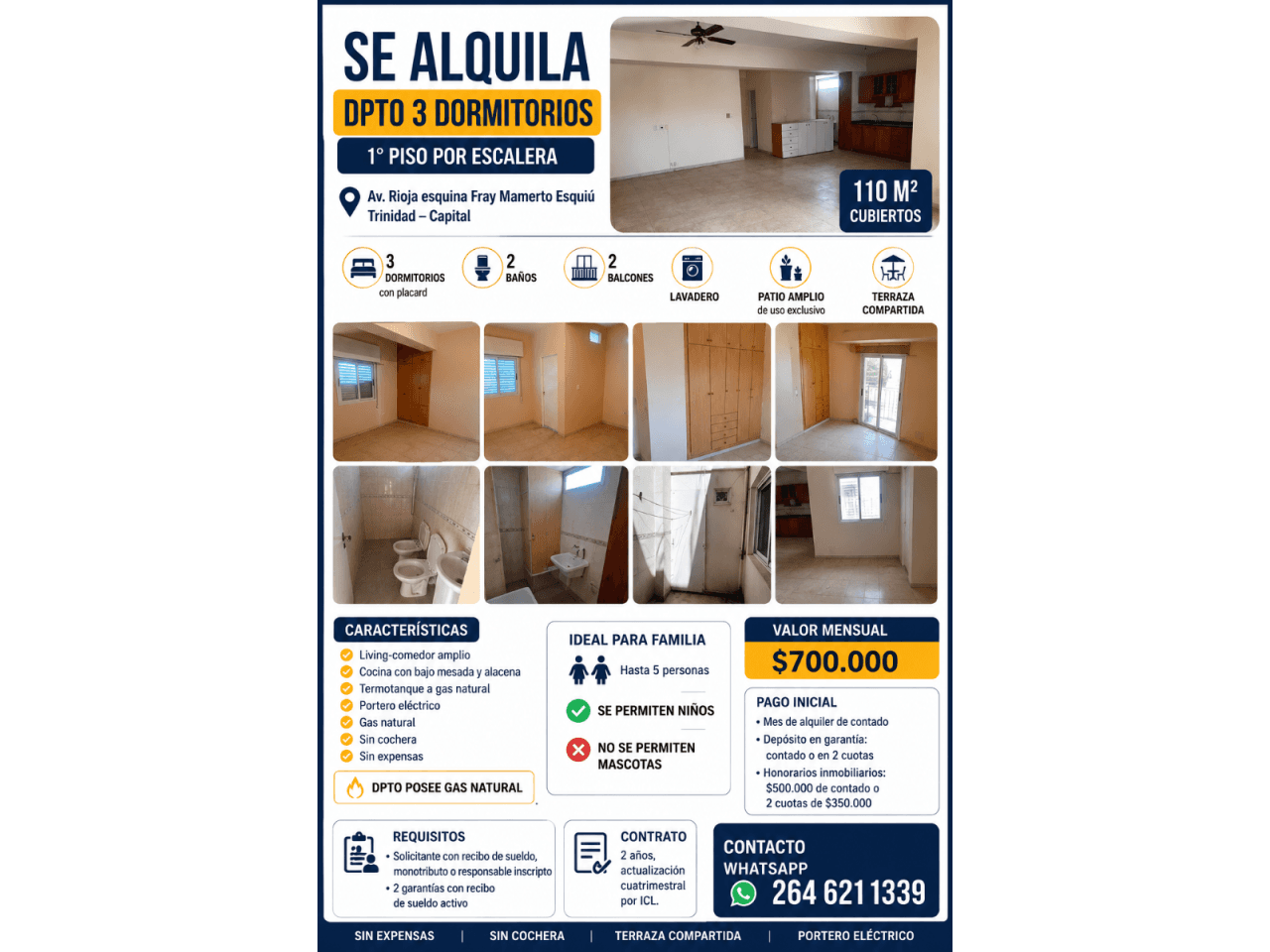 Se Alquila Dpto 3 Dorm En 1°piso Por Escalera, 2baños,2balcones,lavadero,living-comedor,1 Patio Uso Exclusivo,sin Cocher