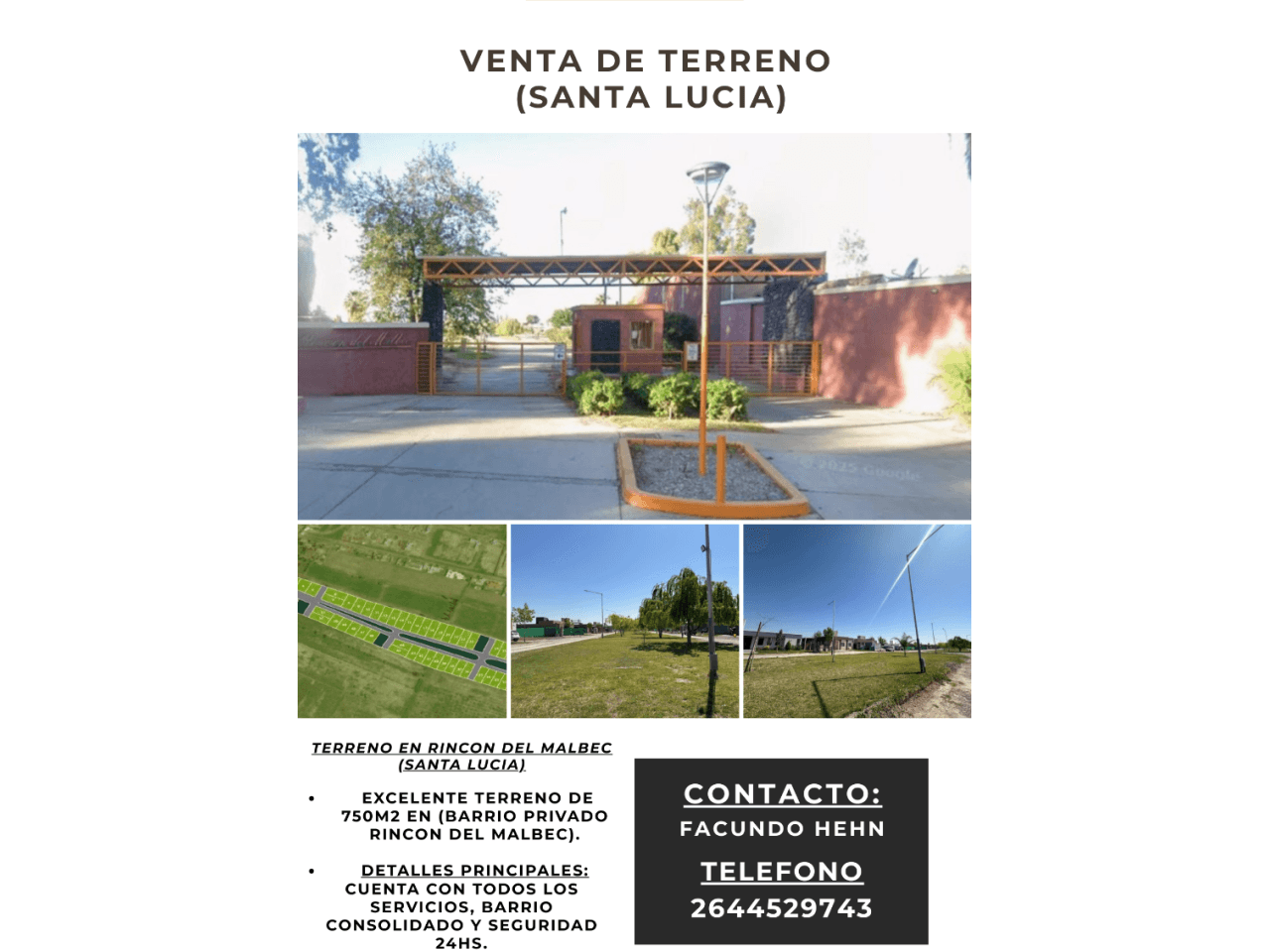 Terreno Disponible De 750m2 (barrio Privado Rincón Del Malbec), Sobre Hipólito Yrigoyen Este (santa Lucia)