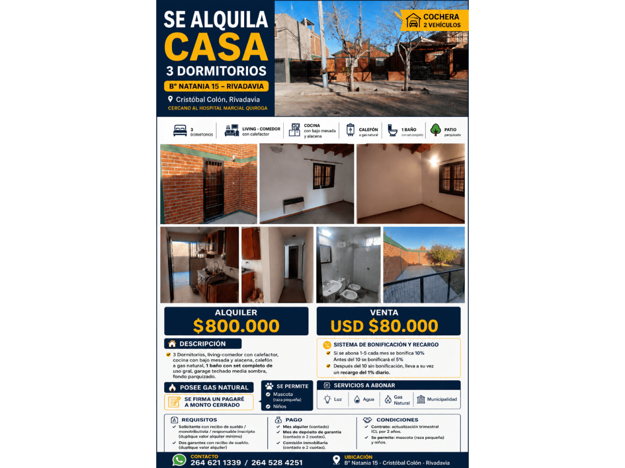 Se Alquila Casa 3 Dorm, Barrio Natania 15 Cercano Al Hospital Marcial Quiroga- Rivadavia, Cochera  2 Vehiculos, Patio Pa
