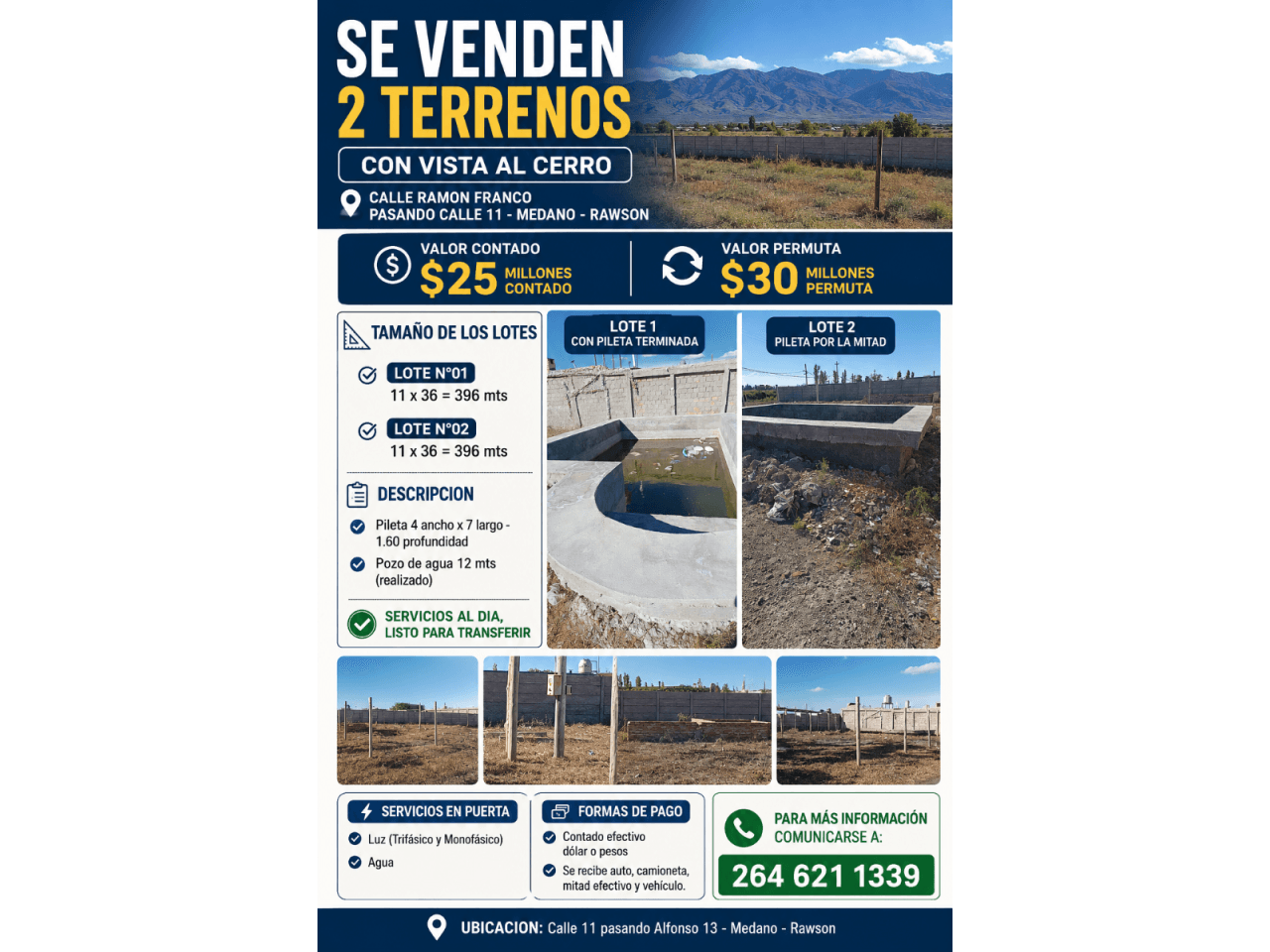 Se Venden 2 Terrenos Con Vista Al Cerro Calle Ramon Franco Pasando Calle 11- Medano - Rawson $ 25 Millones Contado- $ 30