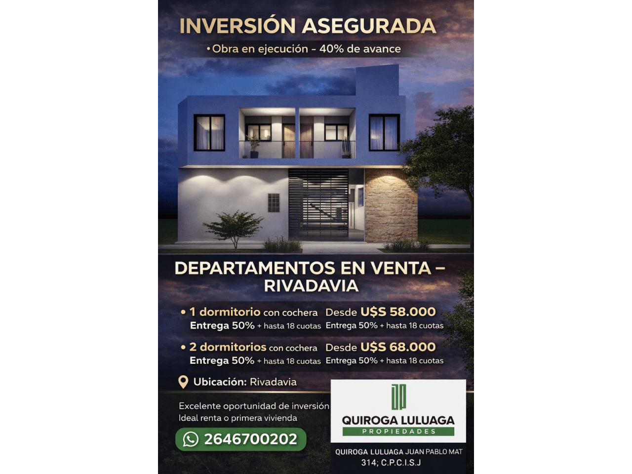 Venta. Complejo Bonanza;  Departamentos De Primera Categoría, Ubicados En Rivadavia, Loteo Bloise