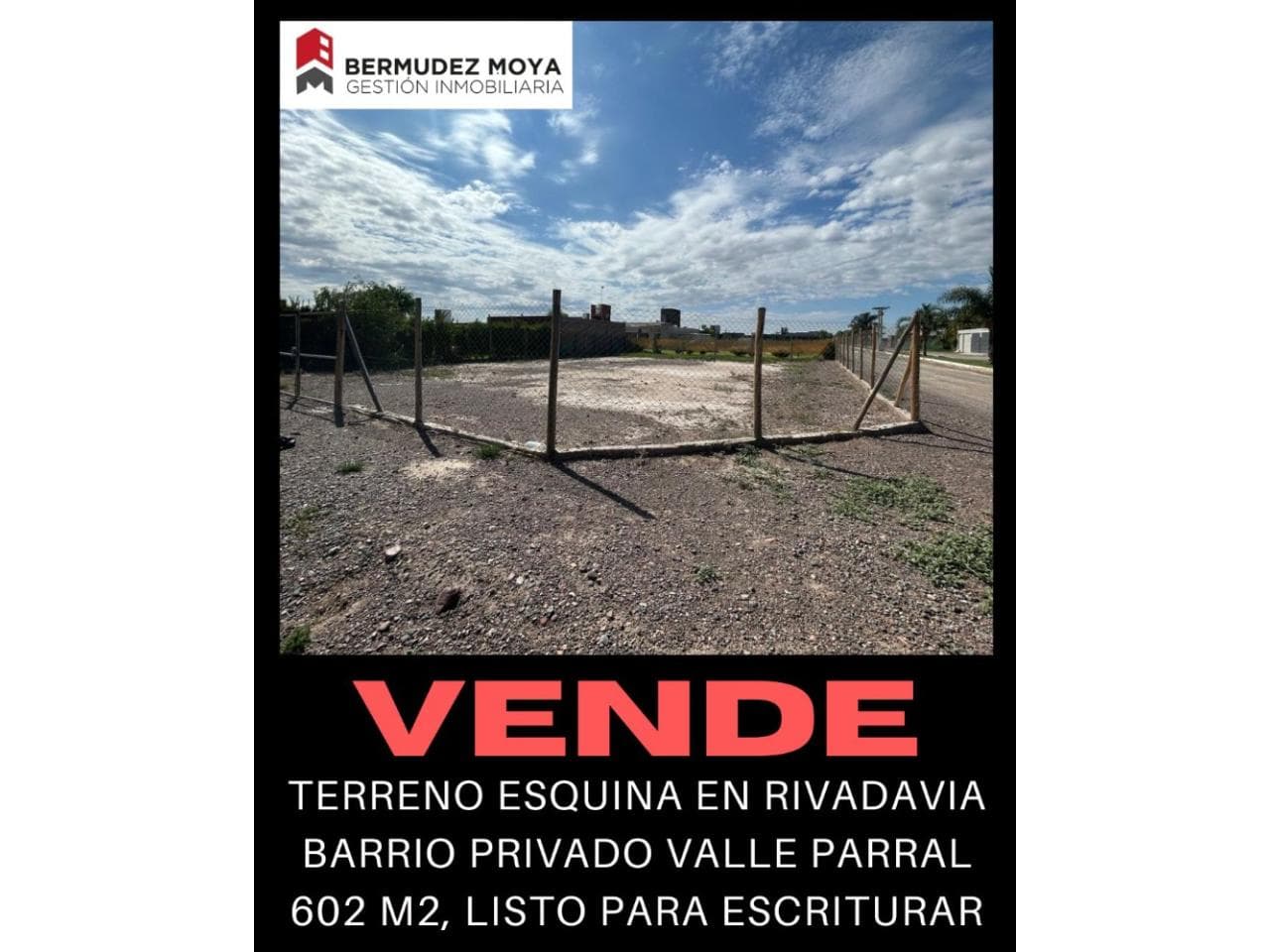 Venta. Hermoso Lote Esquina En Barrio Privado Valle Parral. Rivadavia, Se Puede Financiar Una Parte