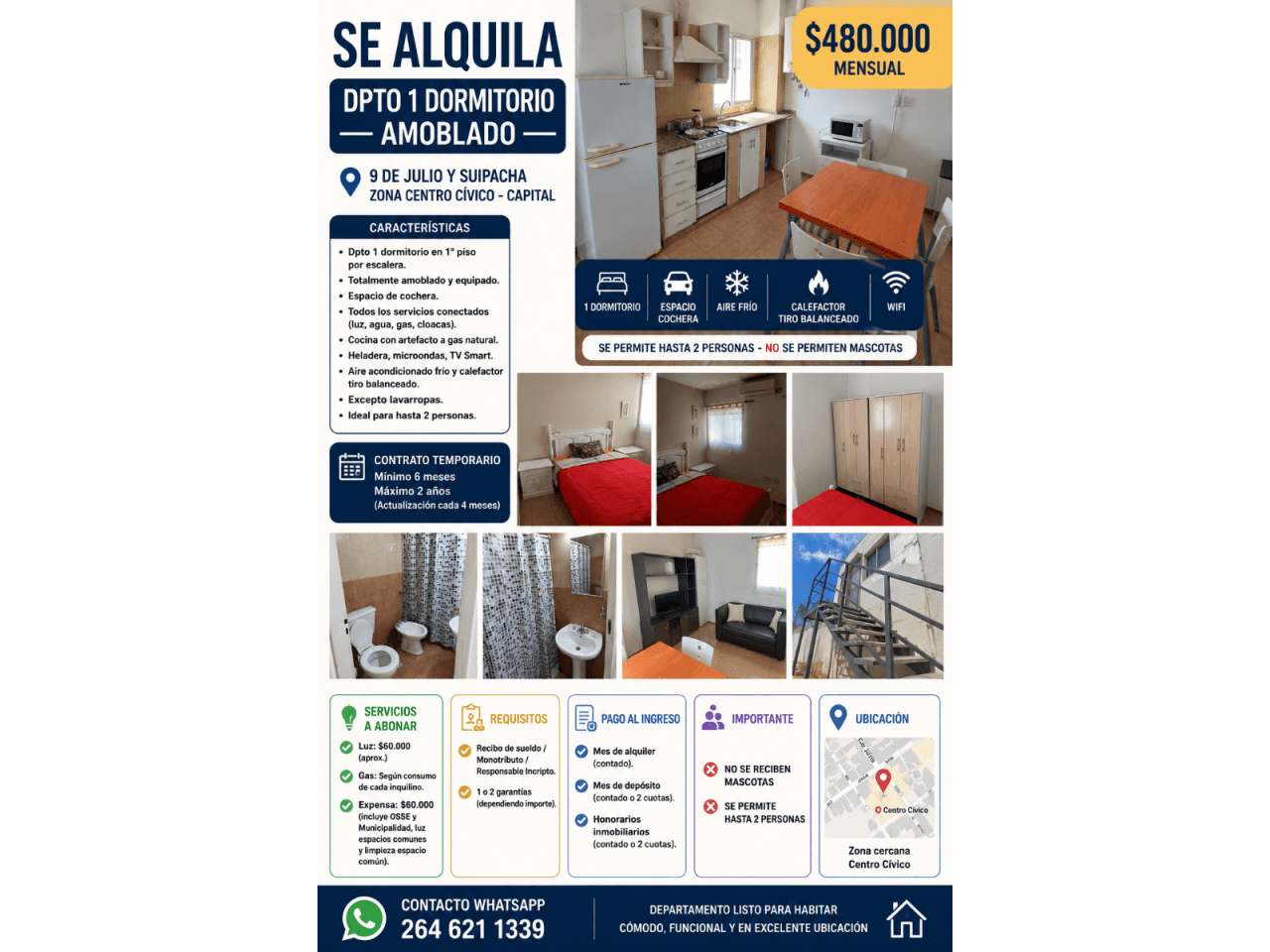 Se Alquila Dpto 1 Dorm Amoblado Mensual- 1° Piso, Todos Los Servicios Aparte ,  Espacio Cochera, Se Permite Hasta 2 Pers