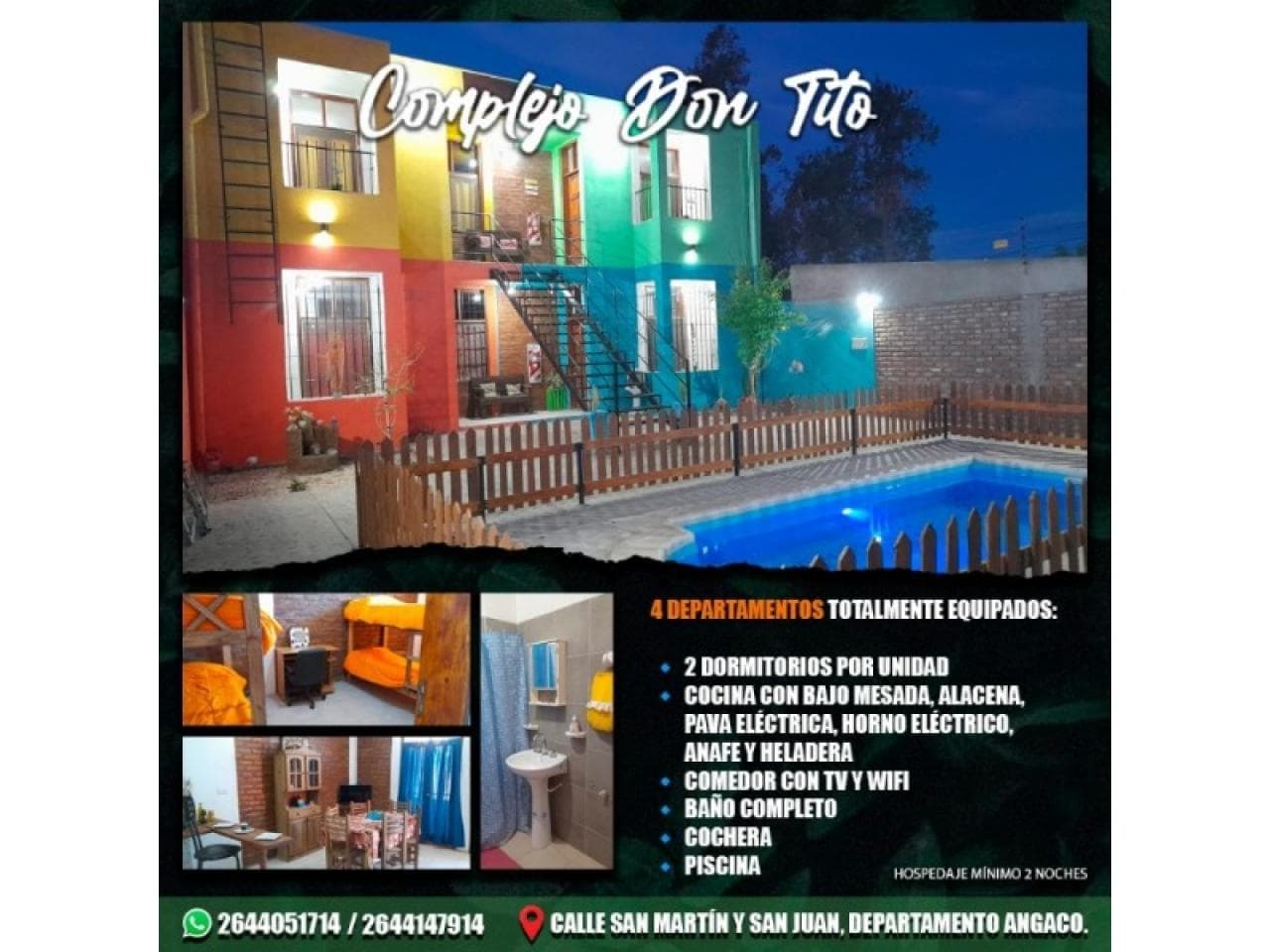 Complejo Don Tito, Alquiler De Departamentos Temporarios Con Pileta, Espacio Verde, Parrillero . Angaco