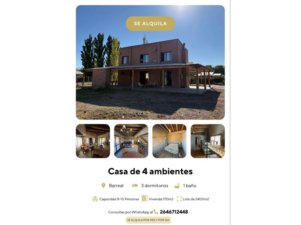 Casa En Barreal Para 10 Personas Con Terreno Grande. Alquilo Para Minera