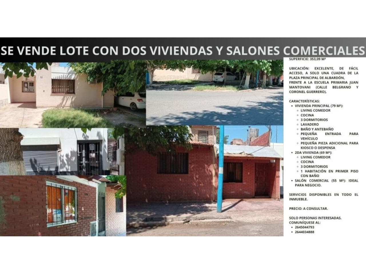 Vendo Terreno (incluye 2 Casa + 2 Salones Comercial) Excelente Ubicación Una Cuadra Plaza Albardon