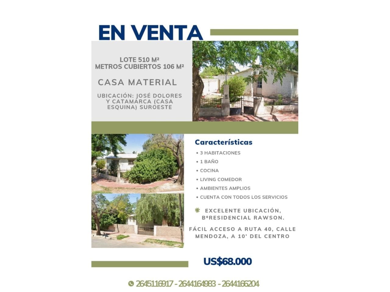 Venta. Casa, 3 Dormitorios. Esquina, Excelente Ubicación  -  Rawson