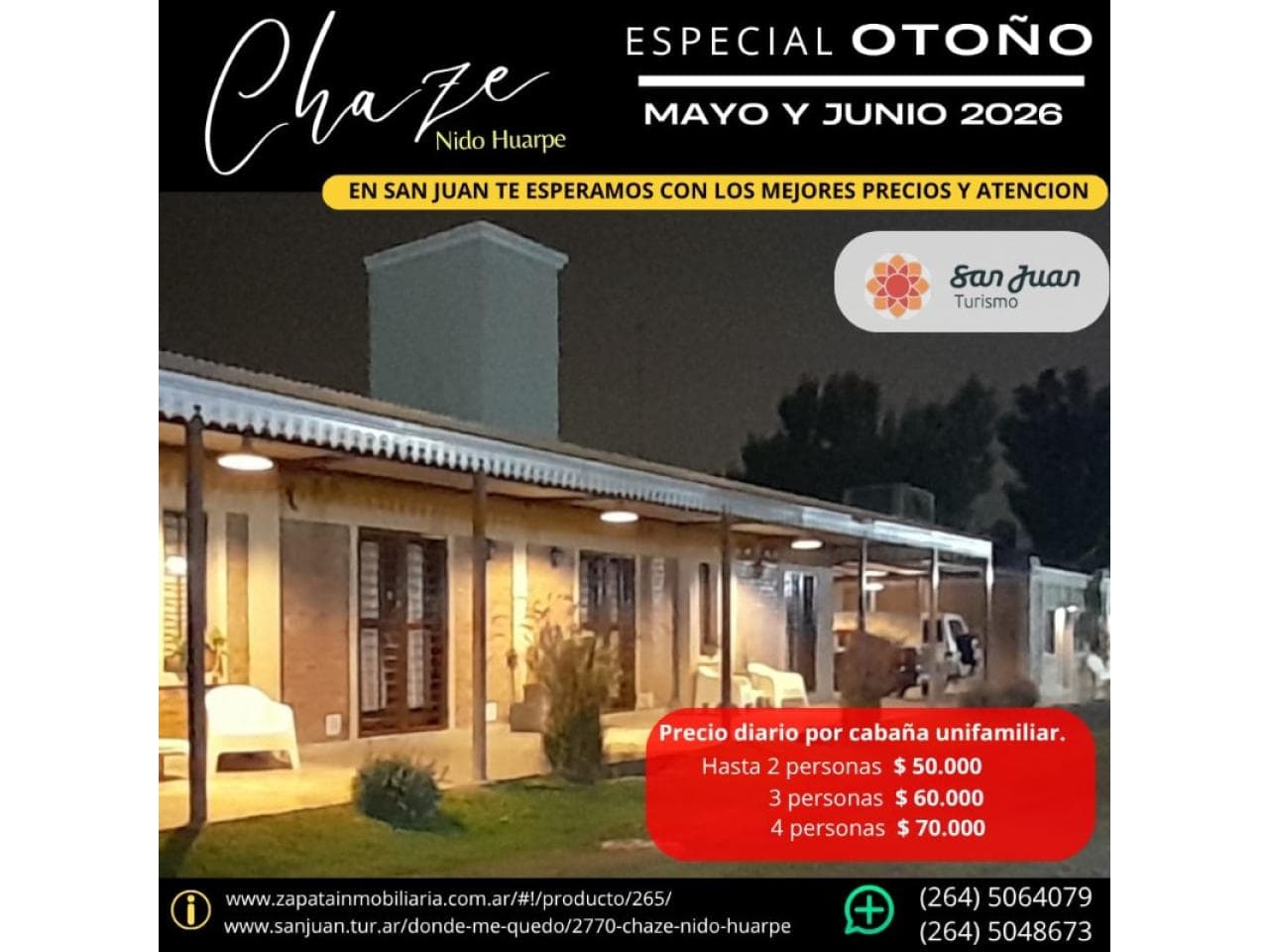 Alquiler. Complejo Chaze Nido Huarpe. Cabaña Nº 2. 1 Dormitorio. Para Hasta 4 Personas. Santa Lucia