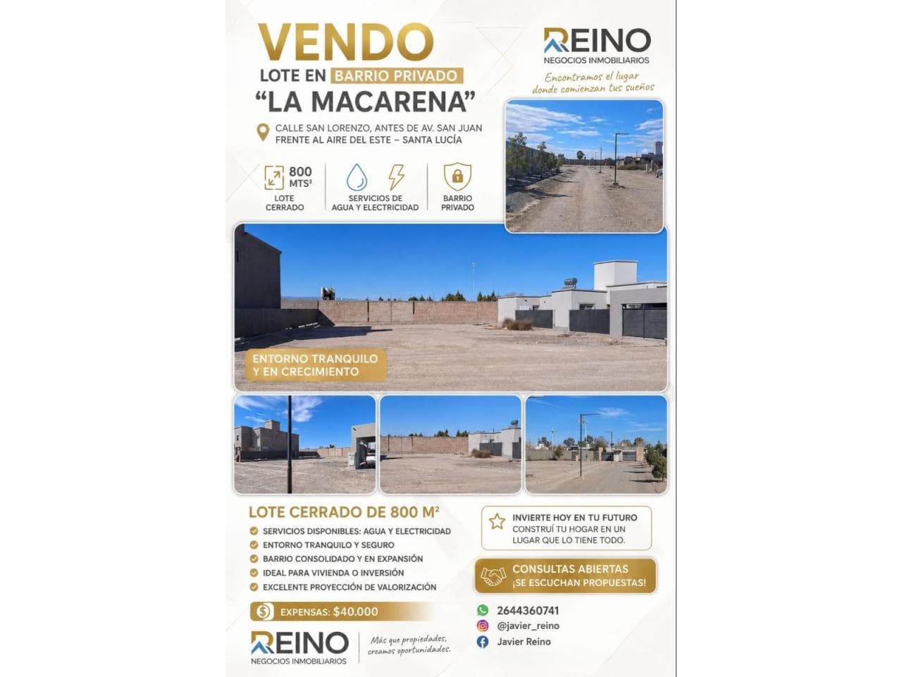 Vendo Lote Barrio Privado La Macarena. Santa Lucia