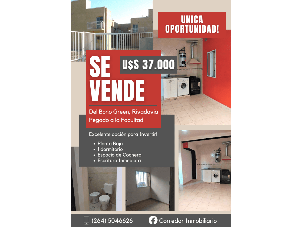 Venta Departamento Planta Baja, 1 Dormitorio Con Cochera. Rivadavia