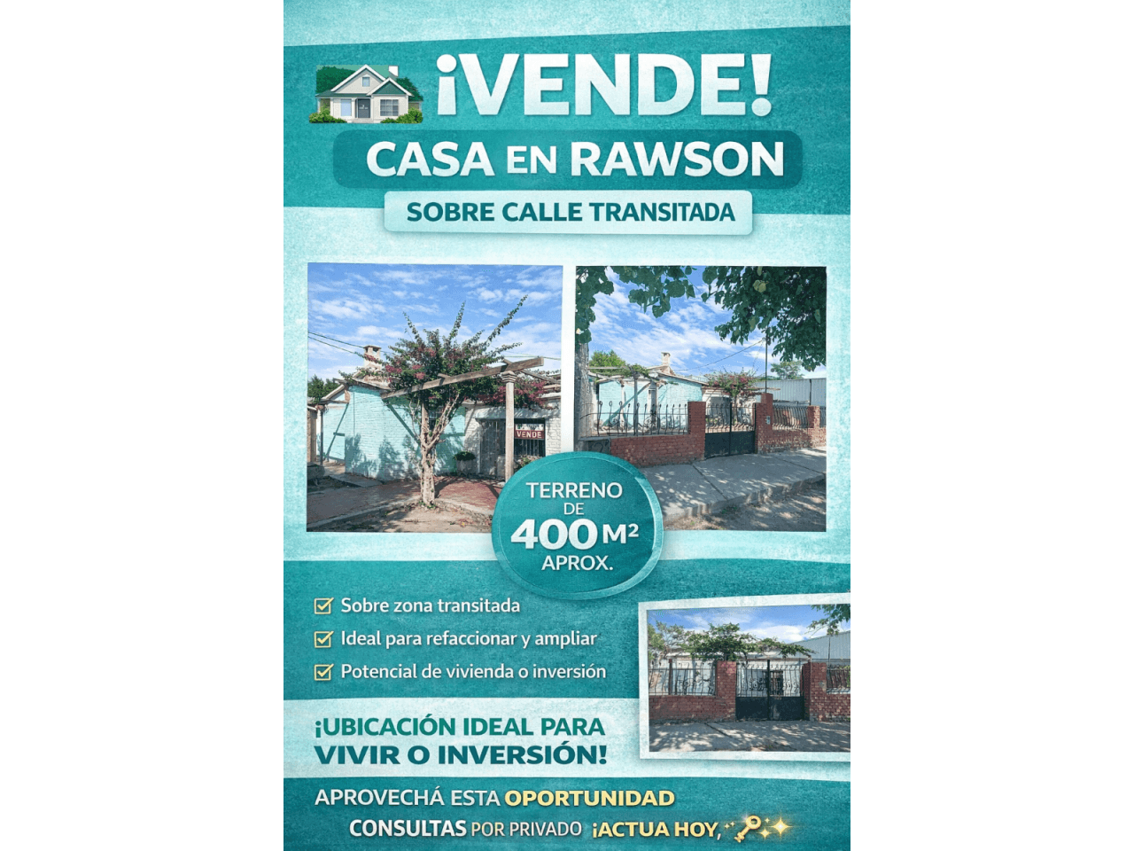 Rawson🏠: Venta. Excelente Ubicación Con Gran Potencial Comercial Y Residencial