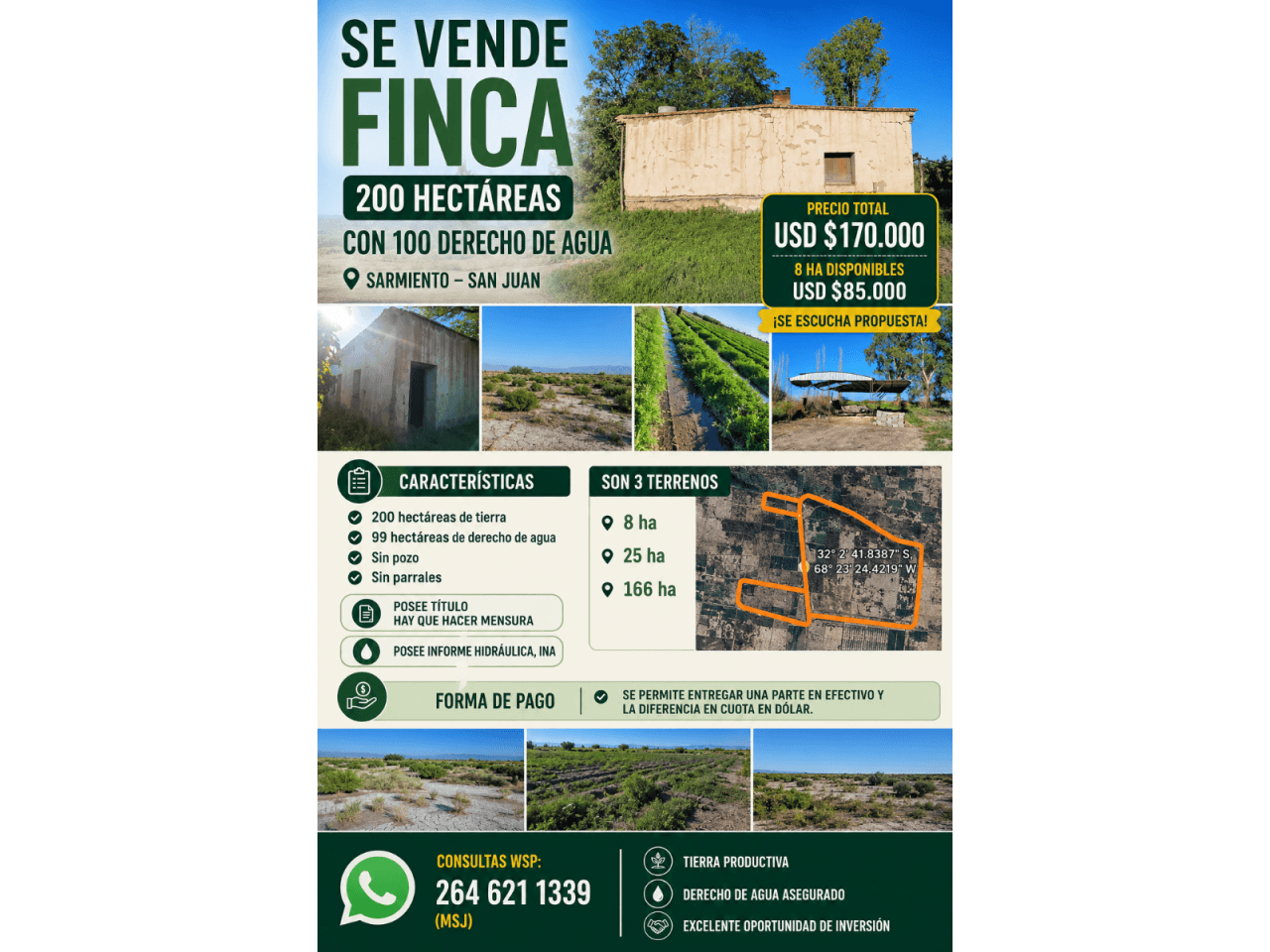 Se Vende  Finca De 200 Ha Con 100 Derecho De Agua - Sarmiento Usd $ 170.000, Usd $ 85.000 8ha...se Escucha Propuesta