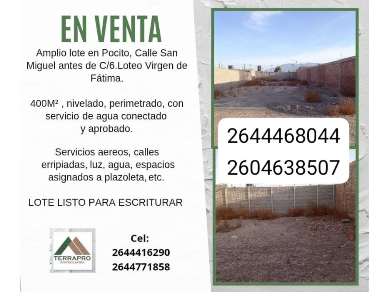 Venta. Amplio Lote 400 M2, Listo Para Escriturar, Perimetrado Y Con Agua Instalada. Pocito