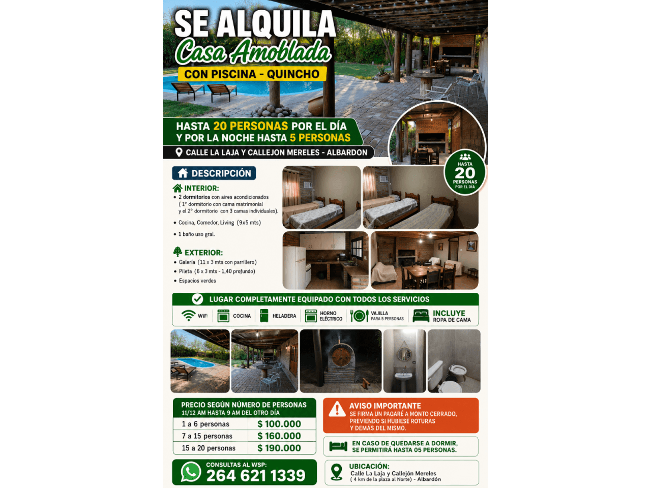 Alquiler Casa De 2 Dorm Con Piscina - Quincho, Hasta 20 Personas X El Dia Y Por La Noche Hasta 5 Personas. Albardon
