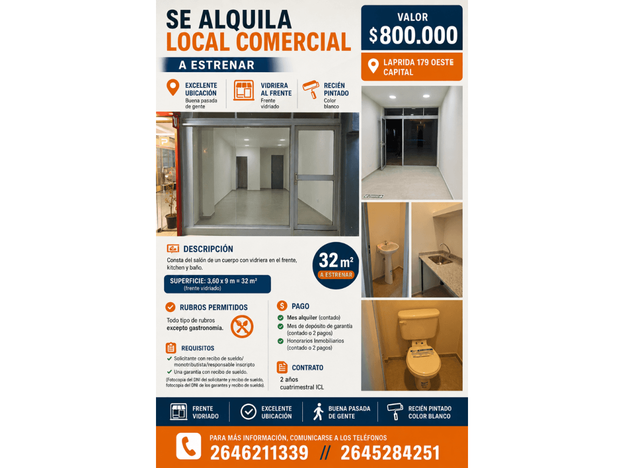 Se Alquila Local Comercial De 32mts A Estrenar Con Excelente Ubicacion Con Buena Pasada De Gente - Calle Laprida 179 Oes
