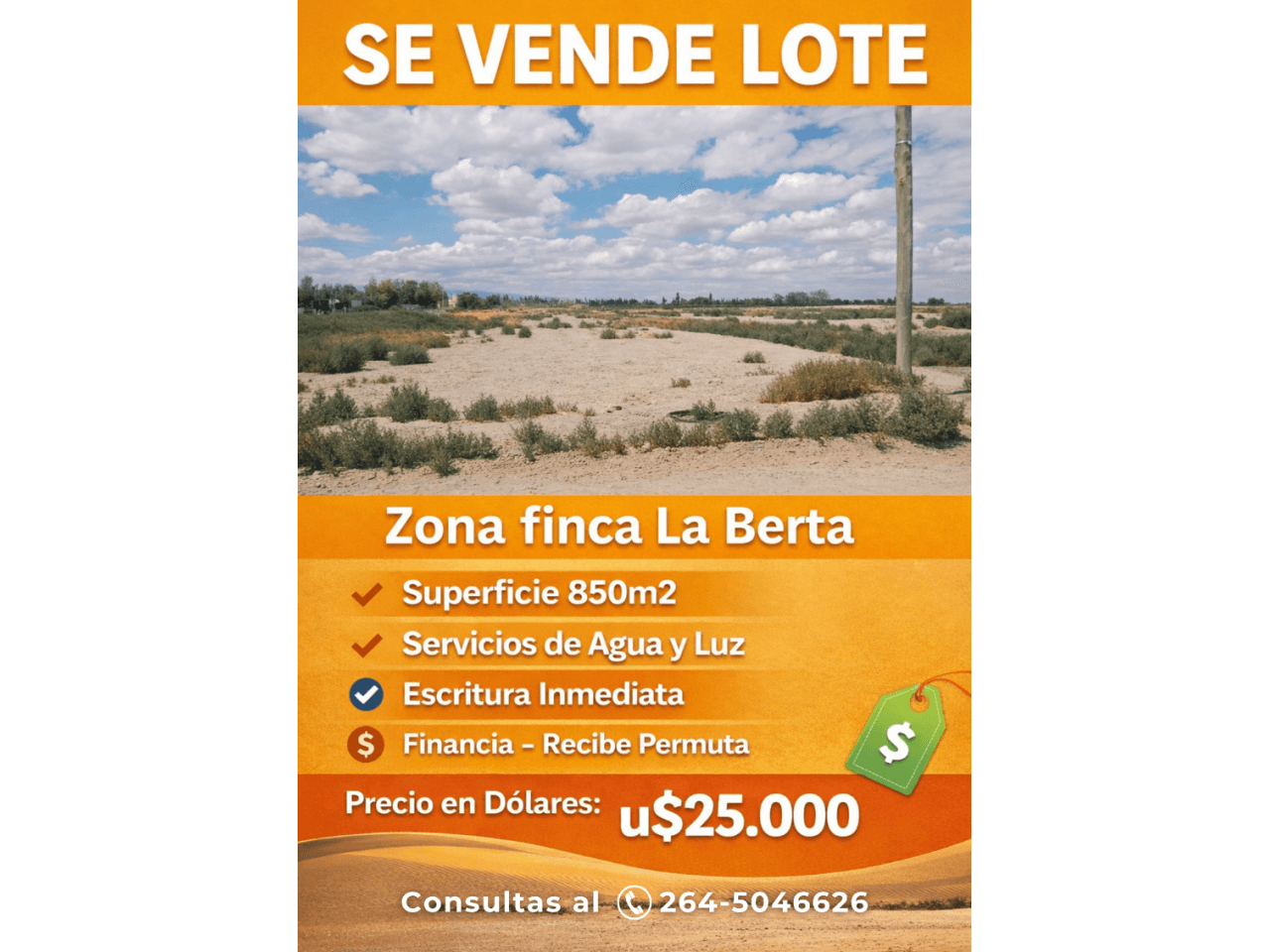 Venta. Lote 850m2. Zona Finca La Berta. Rawson