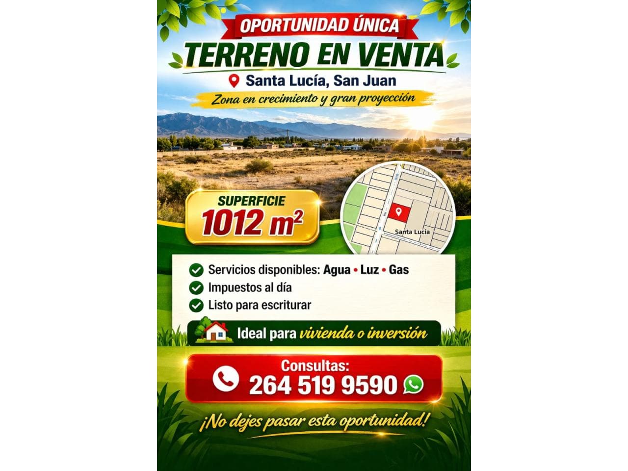 Venta Lote 1050 M Con Todos Los Servicios En La Puerta. Santa Lucia