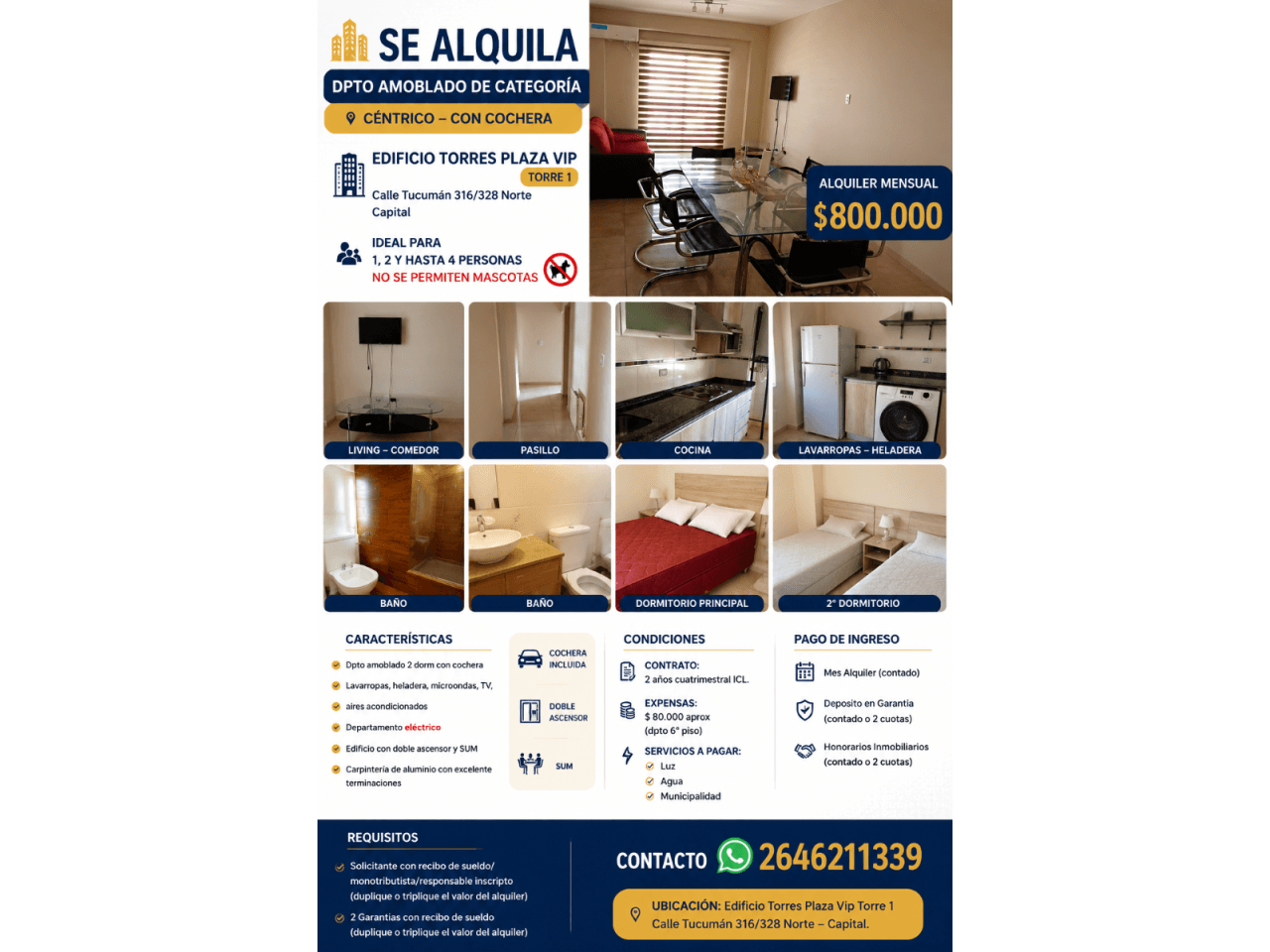 Alquiler Dpto Amoblado De Categoría, Céntrico, 2  Dorm Con Cochera, Edificio Torres Plaza Vip Calle Tucuman. Capital