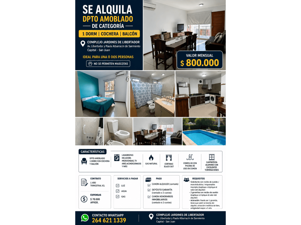 Alquiler Dpto Amoblado De Categoría De 1  Dorm Con Cochera 1° Piso Por Escalera, Balcon, Complejo Jardines Del Lib.