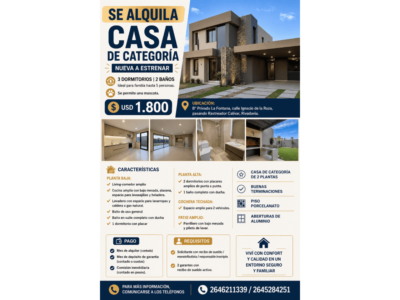 Se Alquila Casa De Categoria Nueva A Estrenar De  3 Dorm Con  2 Baños, Ideal Para Flia Hasta 5 Personas, Se Permite Una