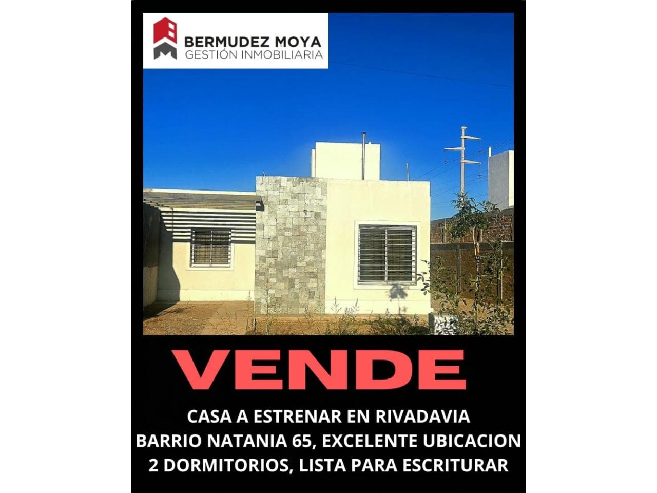 Venta. Casa A Estrenar En Rivadavia, Barrio Natania 65, 2 Dormitorios, 1 Baño, Lista Para Escriturar
