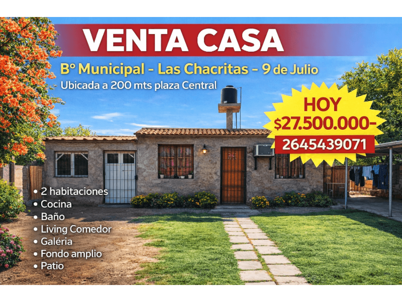 Venta 🏡 Casa Barrio Municipal - Las Chacritas - 9 De Julio. 2 Habitaciones ‼️