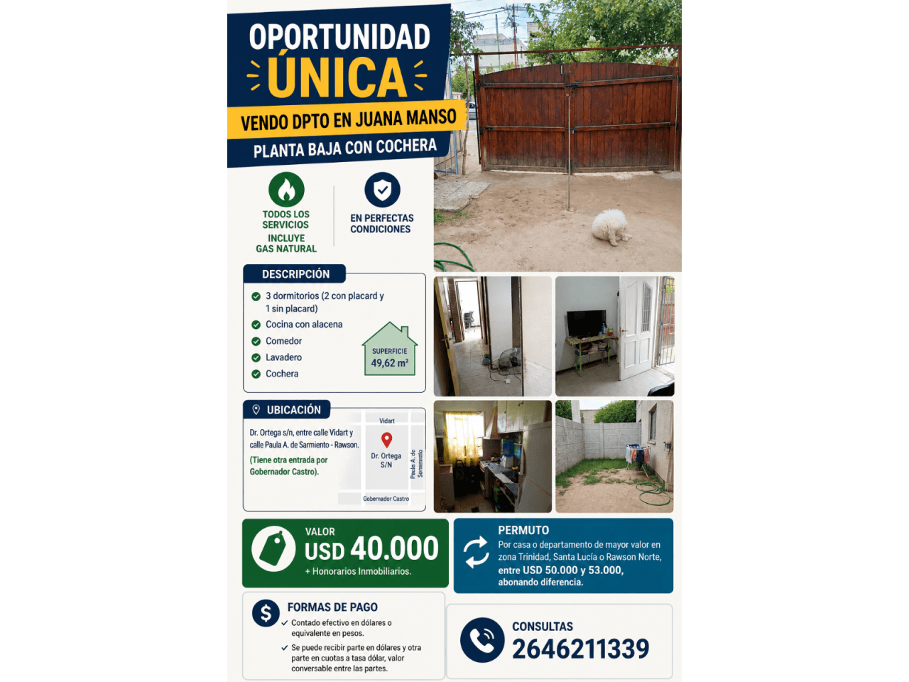 Venta Dpto Juana Manso Planta Baja Con Cochera Usd $ 40.000 O Permuto Por Casa/dpto De Mayor Valor Zona Trinidad