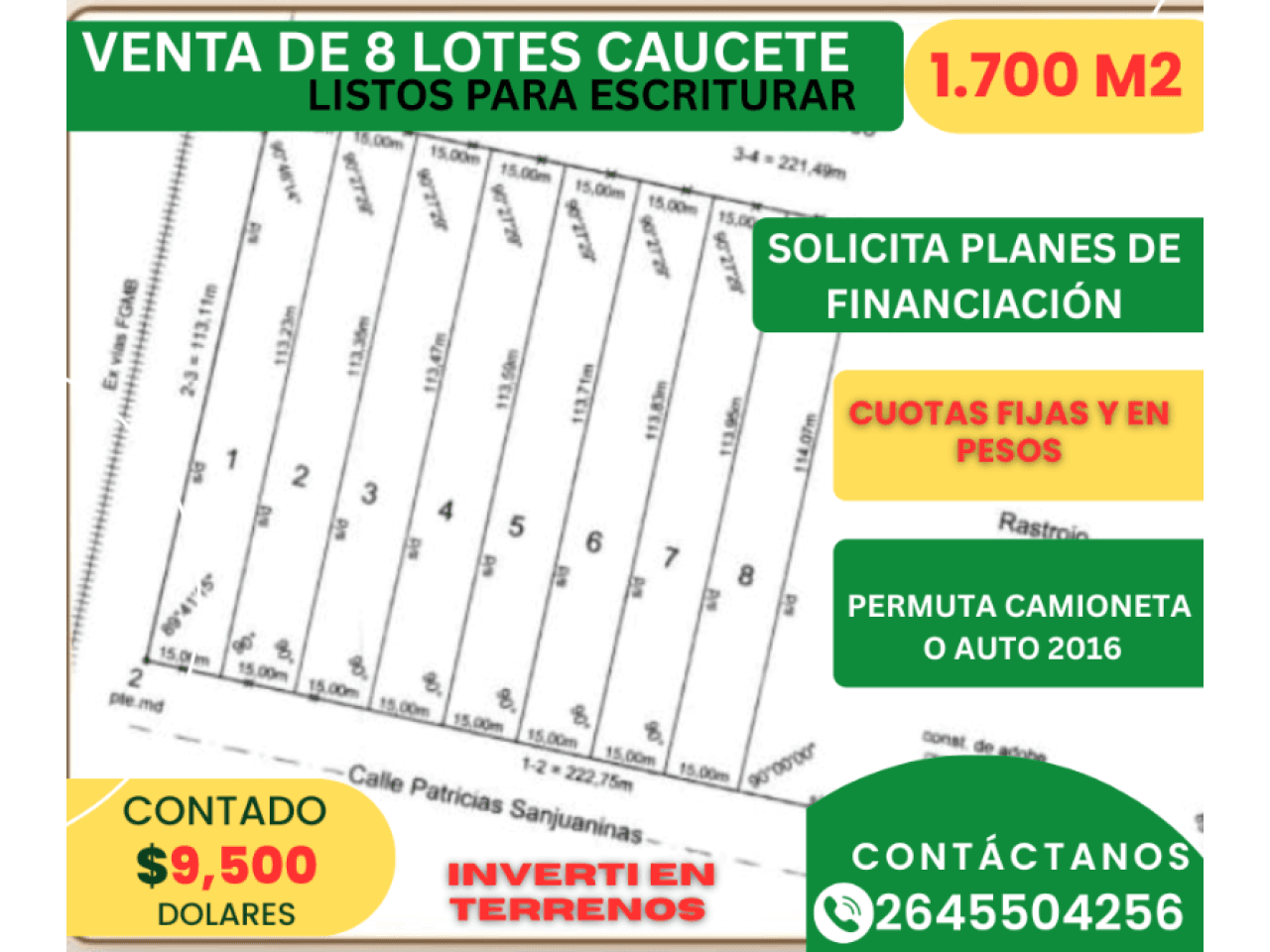 Venta 8 Lotes 1.700 M2 Precio Lanzamiento Por Tiempo Limitado. Caucete