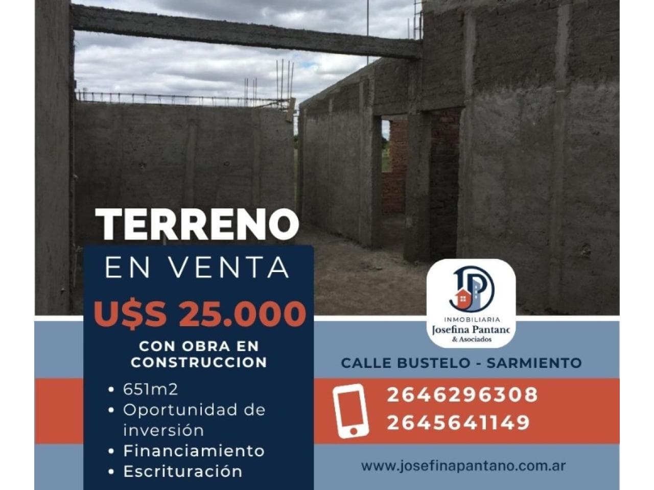 Oportunidad Venta Terreno Con Obra En Construcción - 651 M2  - Sarmiento U$s 25.000 Tel Tel. 2646296308- 2645641149