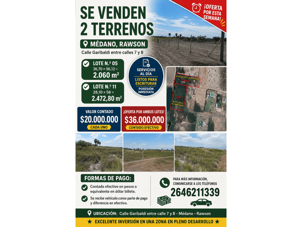 Se Venden 2 Terrenos 2.060 M2- 2.472 M2, Ubicados En Calle Garibaldi Entre 7 Y 8- Medano - Rawson $ 16 Millones C/u  O