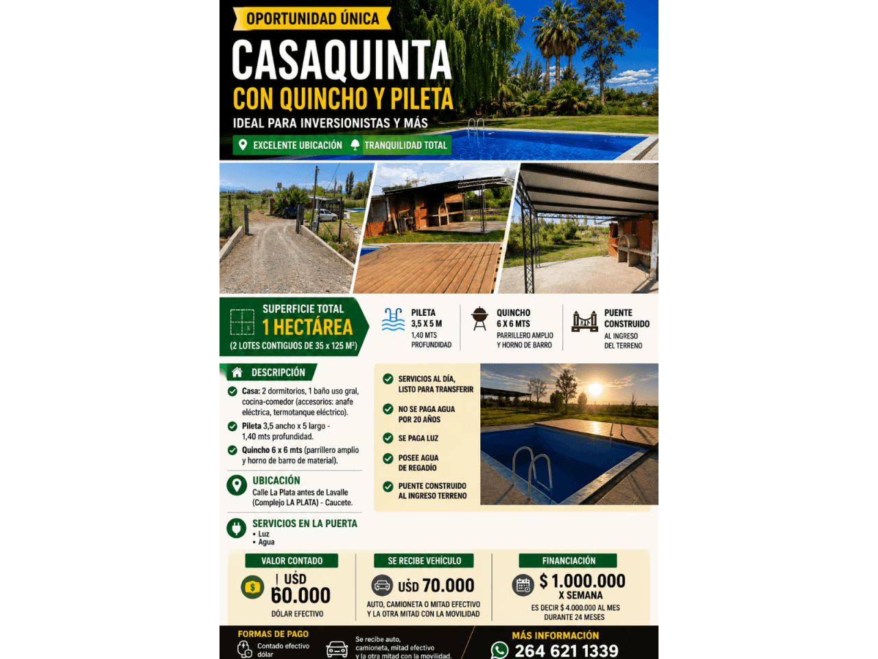 Oportunidad Unica, Ideal Para Inversionistas Y De Mas , Se Venden  Casaquinta Con Quincho Y Pileta  De 1 Hectarea M2