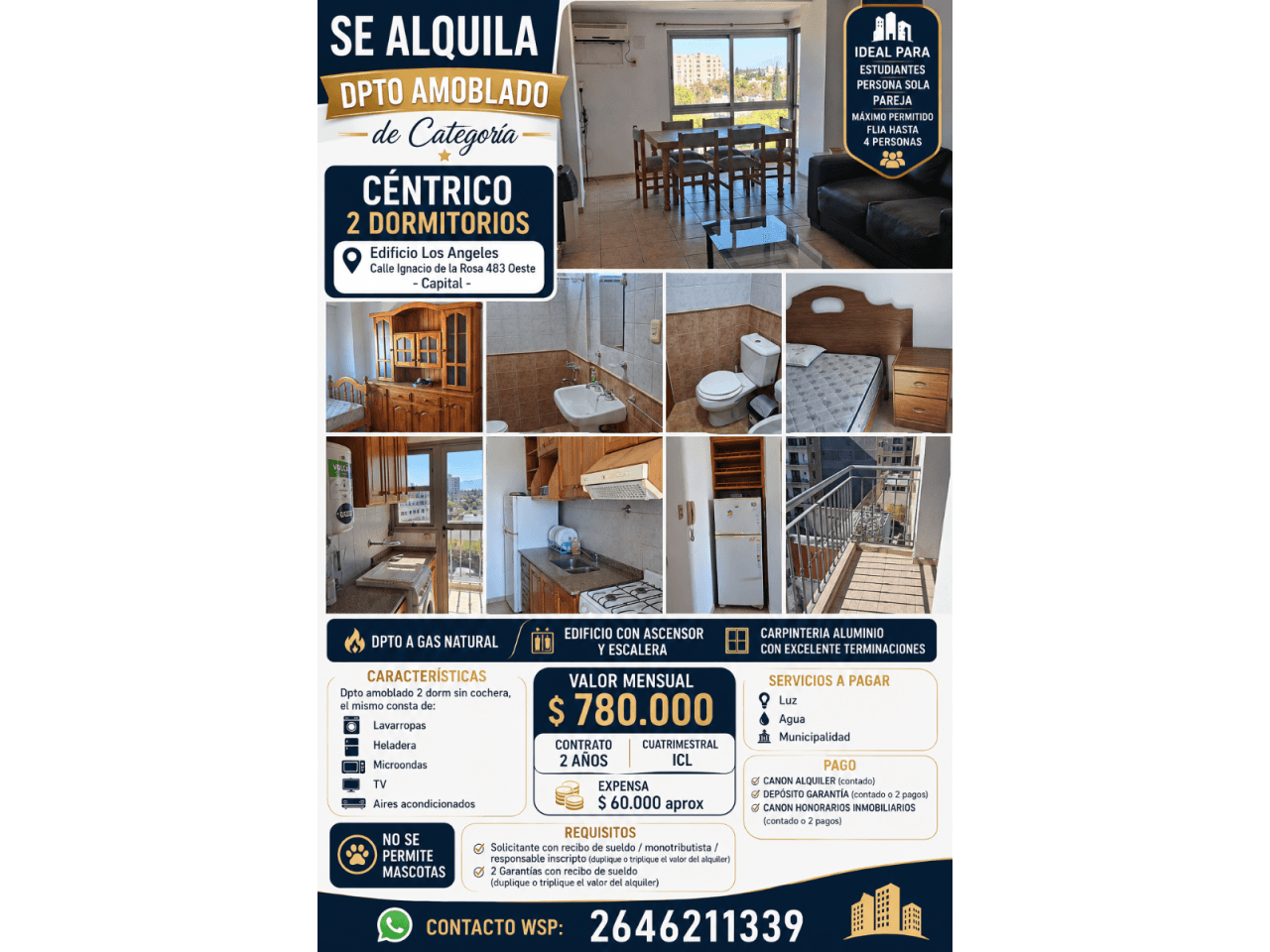 Se Alquila  Departamento Amoblado De Categoría Céntrico De 2 Dorm Sin Cochera, Edificio Los Angeles