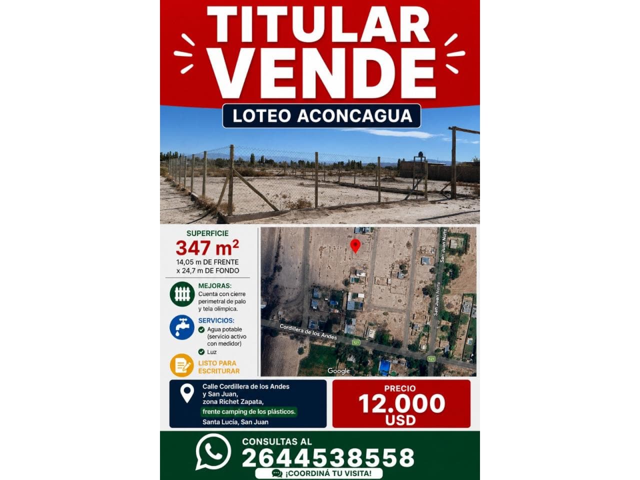 Venta Lote 347m². Dueño Directo. Sta. Lucia