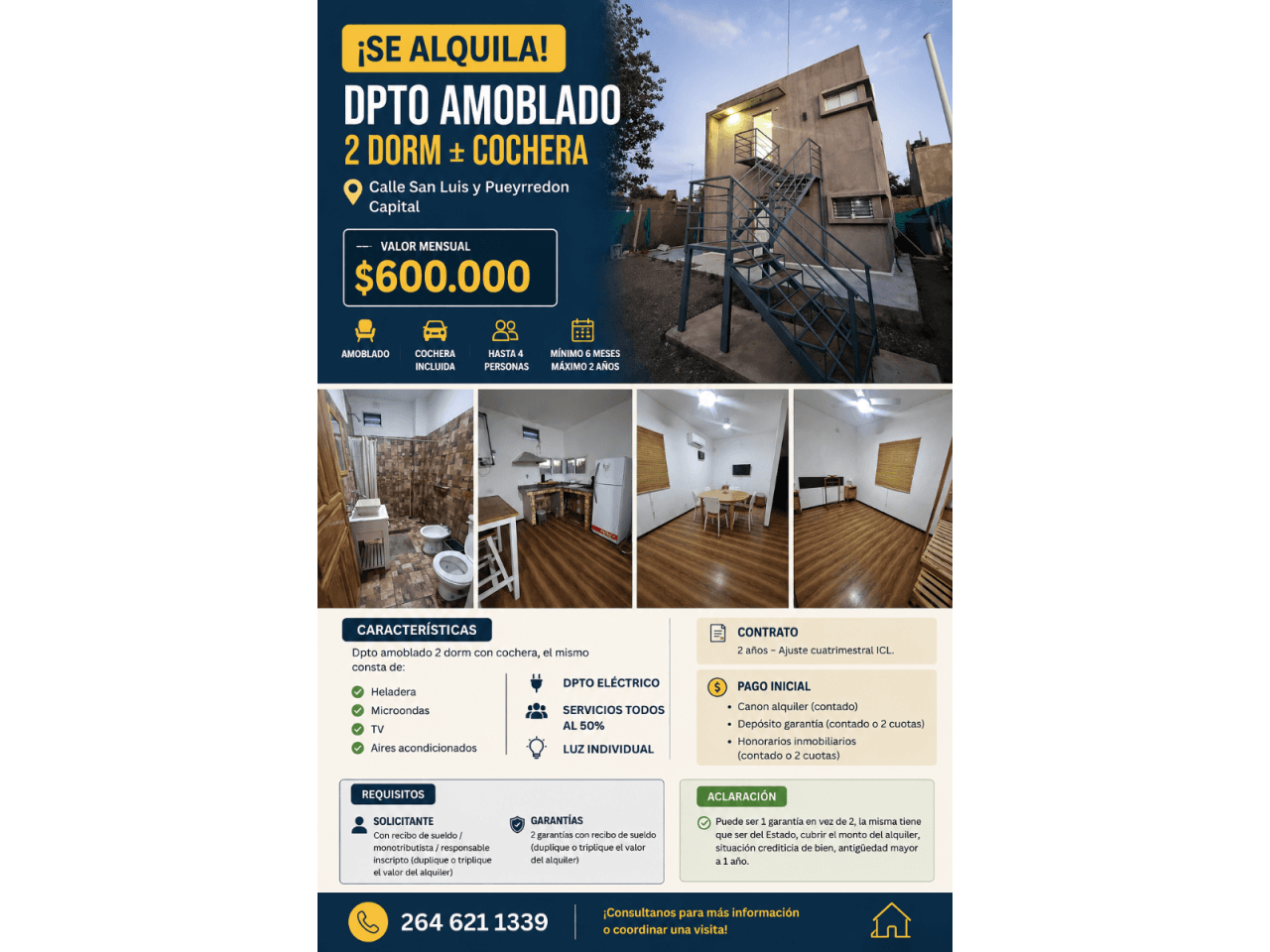 Alquiler. Dpto Amoblado 2 Dorm, Cochera, 1° Piso Por Escalera, Calle San Luis Y Pueyrredon - Capital, Minimo 6 Meses