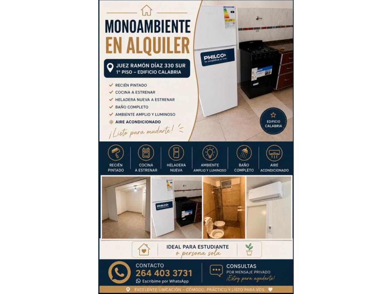 Alquiler Monoambiente Recien Pintado, Con Aire Acondicionado, Cocina Y Heladera A Estrenar