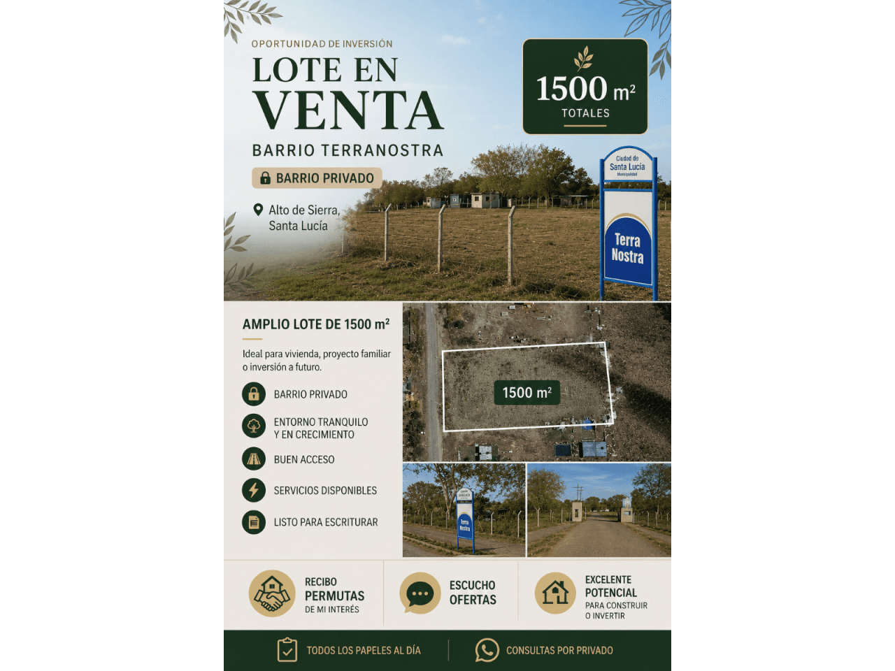  Venta Lote 1500 M² En Barrio Terranostra  Santa Lucía