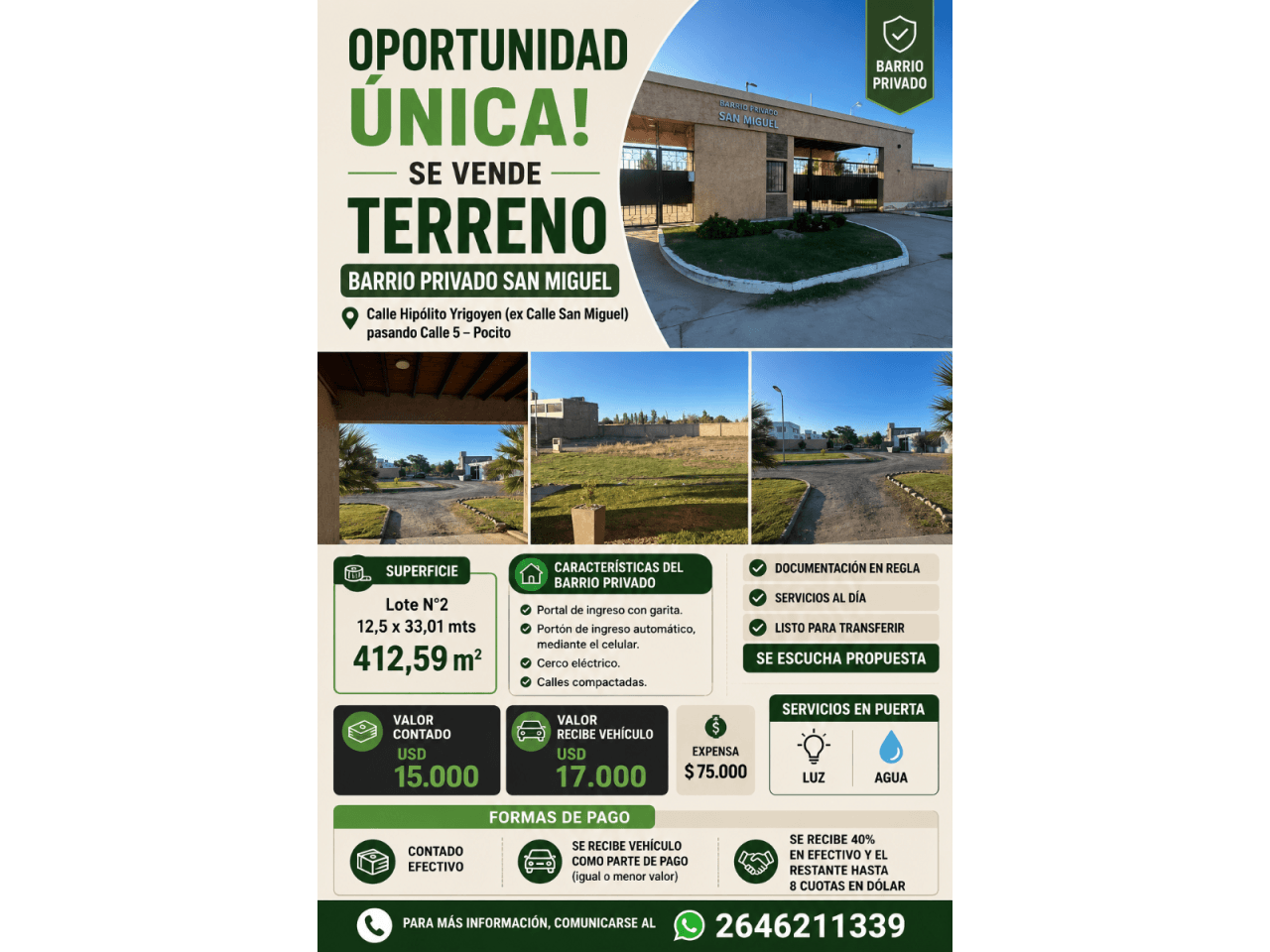 Venta Terreno En Barrio Privado San Miguel De 412,59 M2, Ubicado En Calle Hipolito Irigoyen. Pocito