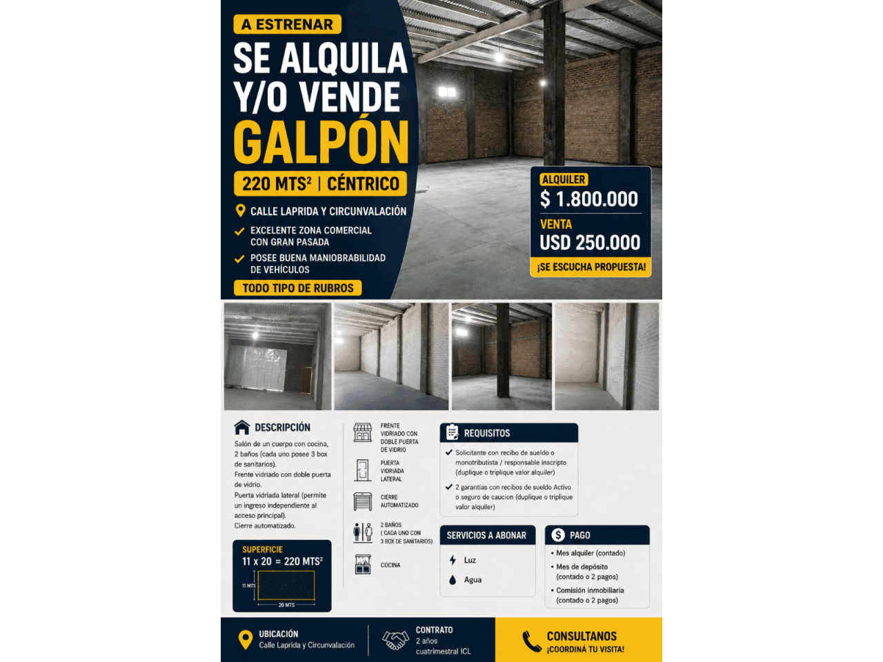 Se Alquila Y/o Vende Galpon A Estrenar 220mts Centrico, Ideal Para Varias Actividades, Calle Laprida Y Circunvalacion