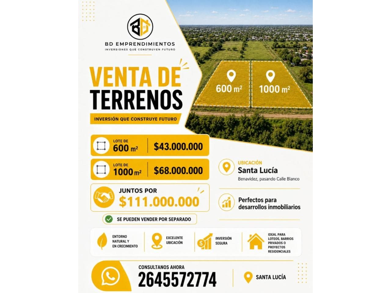 Venta, Lotes De 600m2 Y 1000m2. Santa Lucia