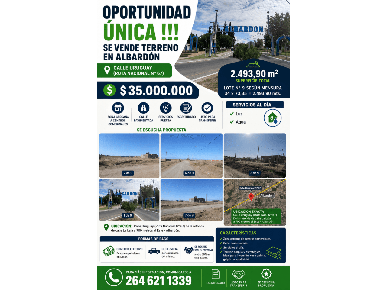 Oportunidad Unica. Se Vende Terreno Publico En Calle Uruguay ( Ruta Nacional N° 67)- Albardon, De 2.493,90 M2, $ 35