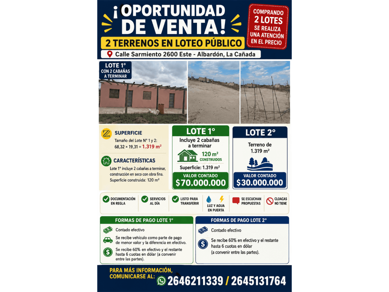 Venta 2 Terrenos Loteo Publico, Ambos De 1.319 M2, Lote 1° Posee 2 Cabañas A Terminar