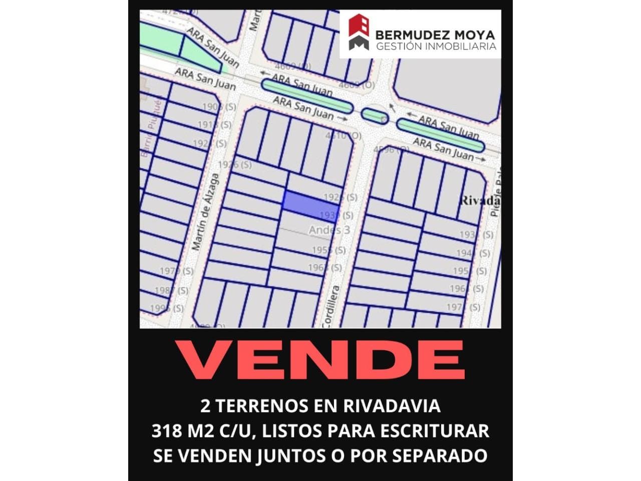 Venta. 2 Terrenos En Rivadavia, 318 M2 Cada Uno, Se Venden Juntos O Separados, Barrio Andes 3 Listo Para Escriturar