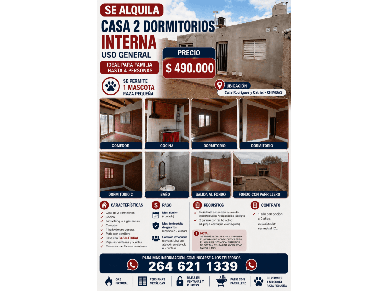 Se Alquila Casa Interna De 3 Dorm, 1 Baño Uso Gral, Ideal Para Flia Hasta 4 Personas, Se Permite Una Mascota Raza Pequeñ