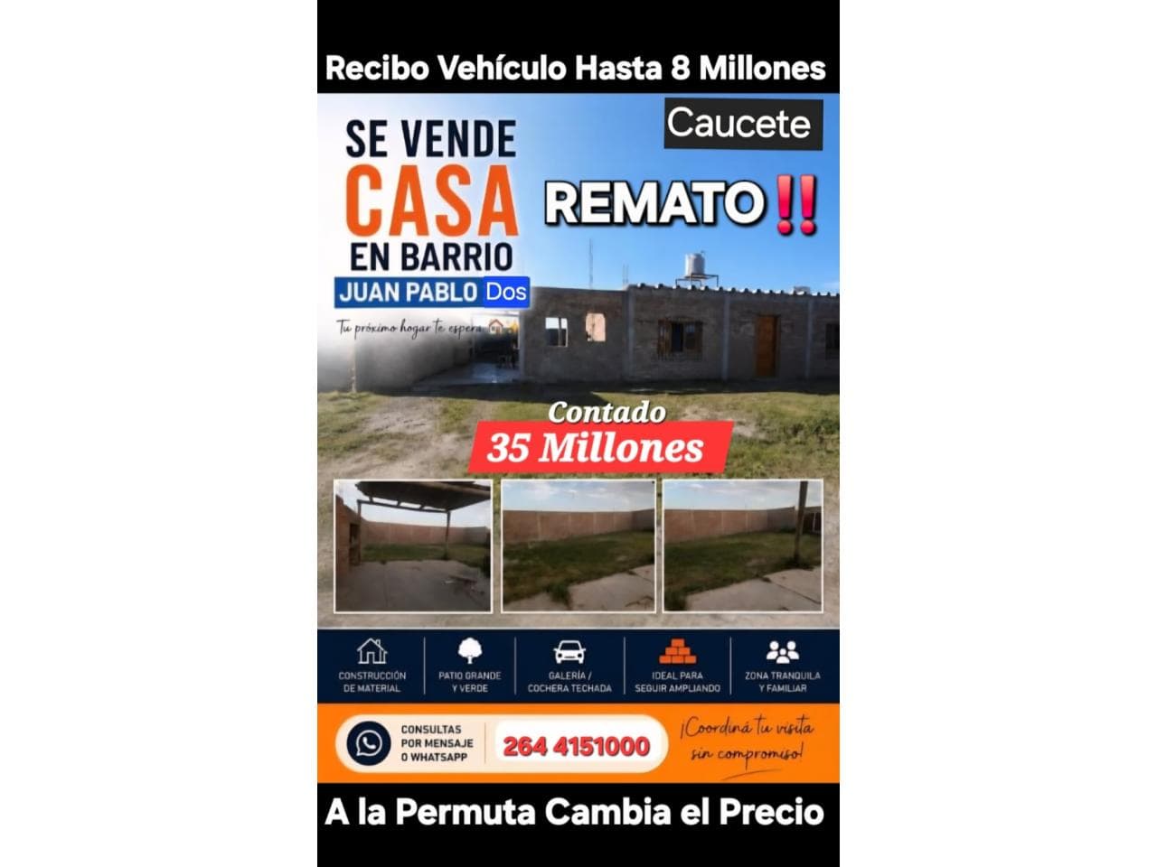 Venta. Casa. Barrio Juan Pablo 2. Caucete. Remato 35 Millones