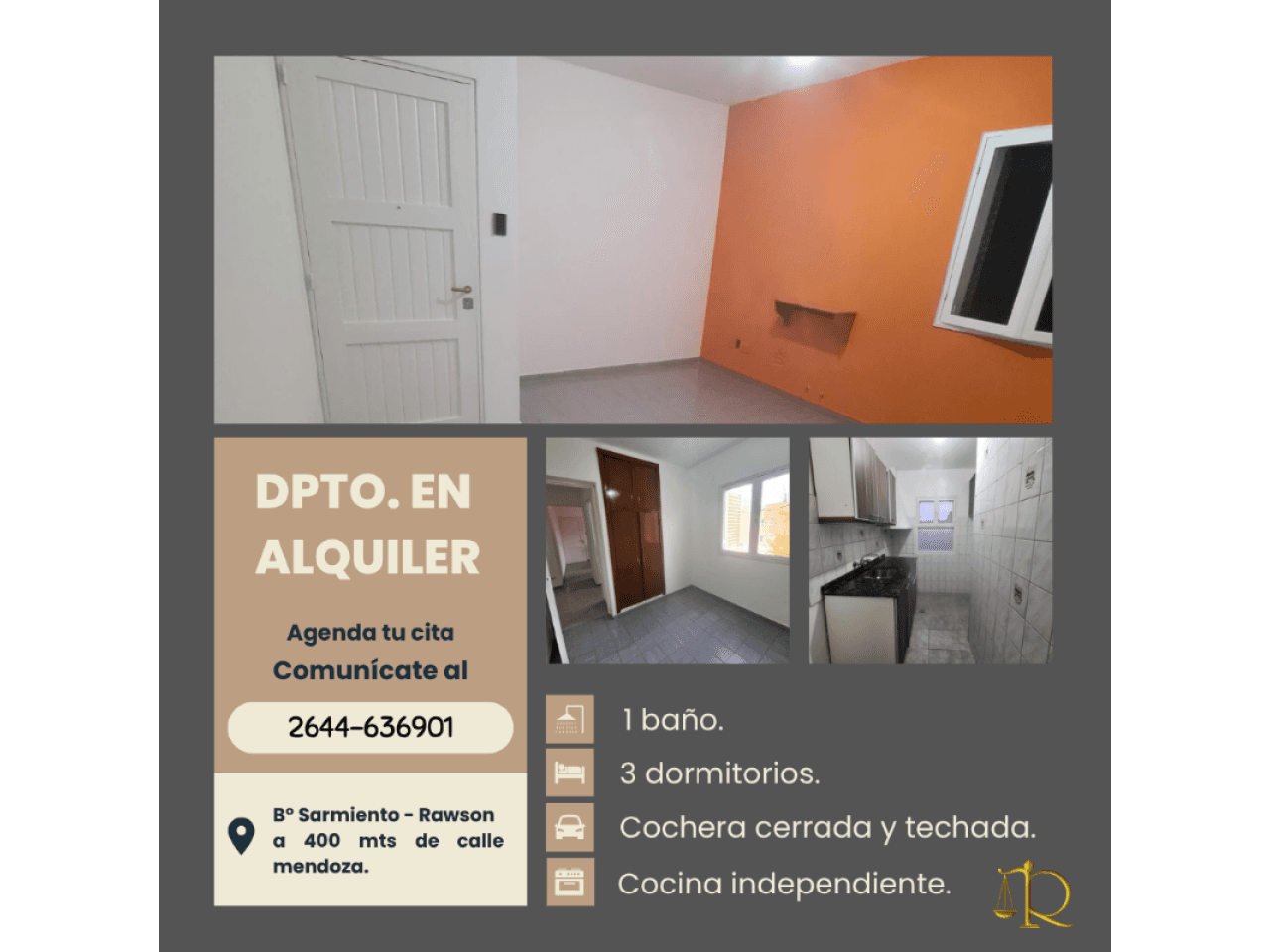 Departamento En Alquiler | 3 Dormitorios | Cochera Cerrada Y Techada | Segundo Piso | Barrio Sarmiento- Rawson