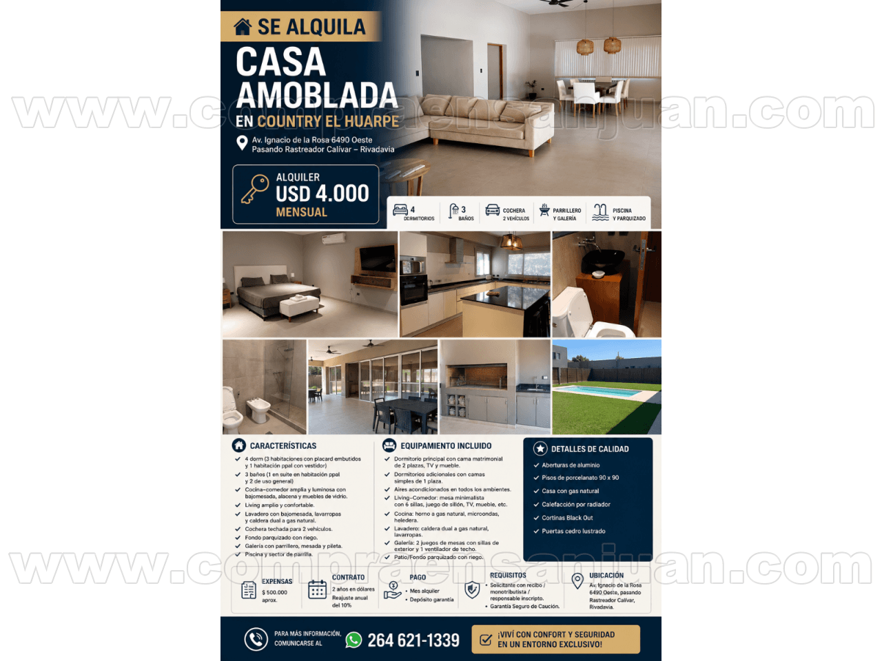 Alquiler Casa Amoblada En Country El Huarpe. 4 Dorm, 2 Baños, Calle Av Ignacio De La Rosa 6490 Oeste. Rivadavia