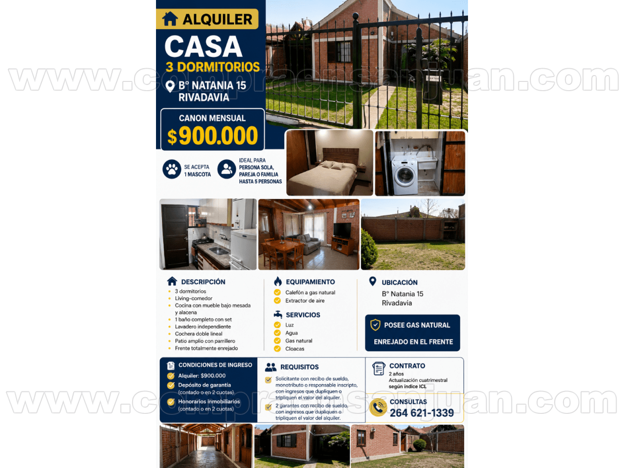 Alquiler Casa 3 Dorm, 1 Baño, Lavadero, Cocina, Living - Comedor -  Cochera Doble Lineal, Rivadavia