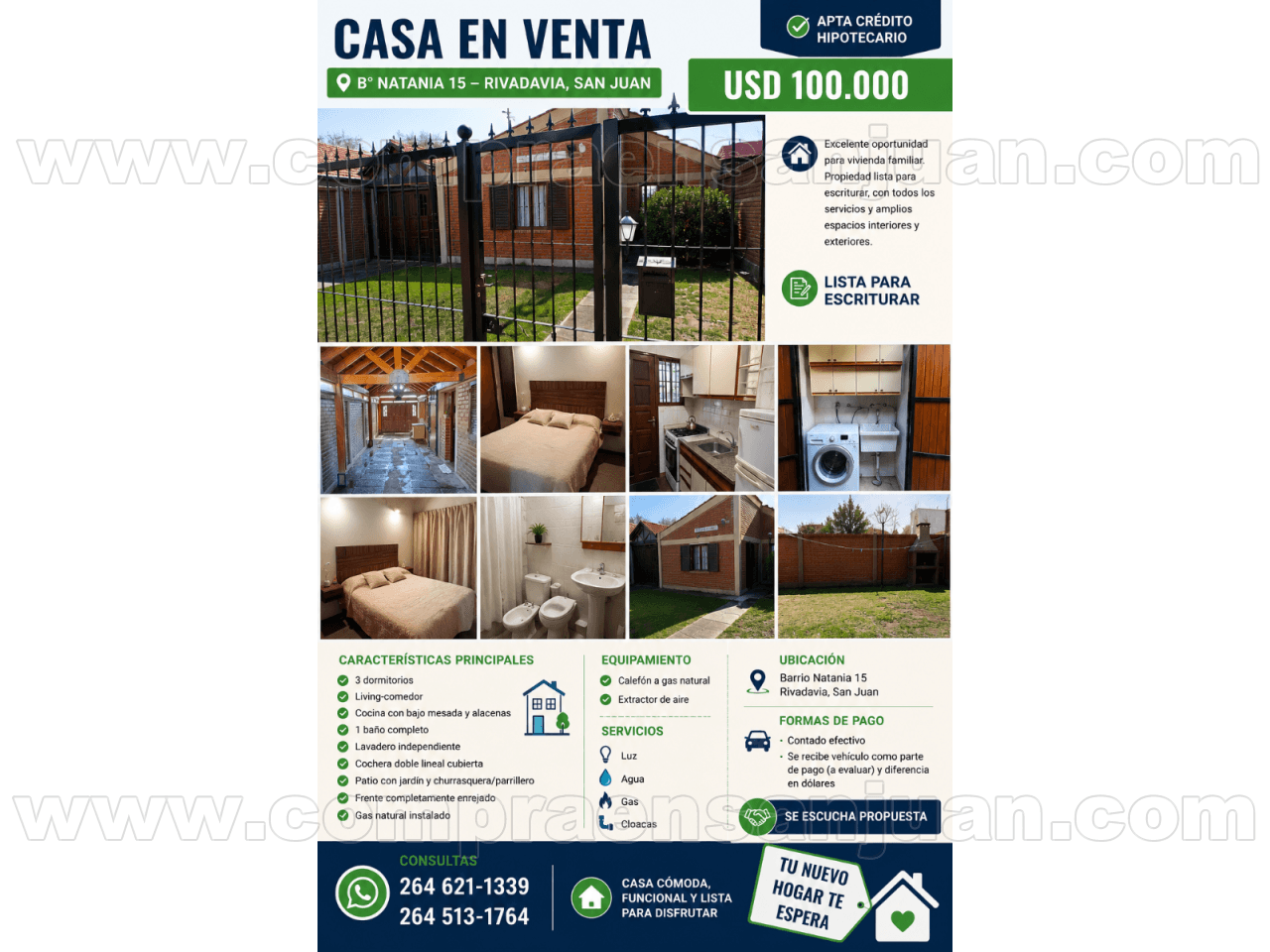 Venta Casa  3 Dorm, 1 Baño, Lavadero, Cocina, Living - Comedor - Cochera Doble Lineal, B° Natania 15 - Rivadavia  Usd