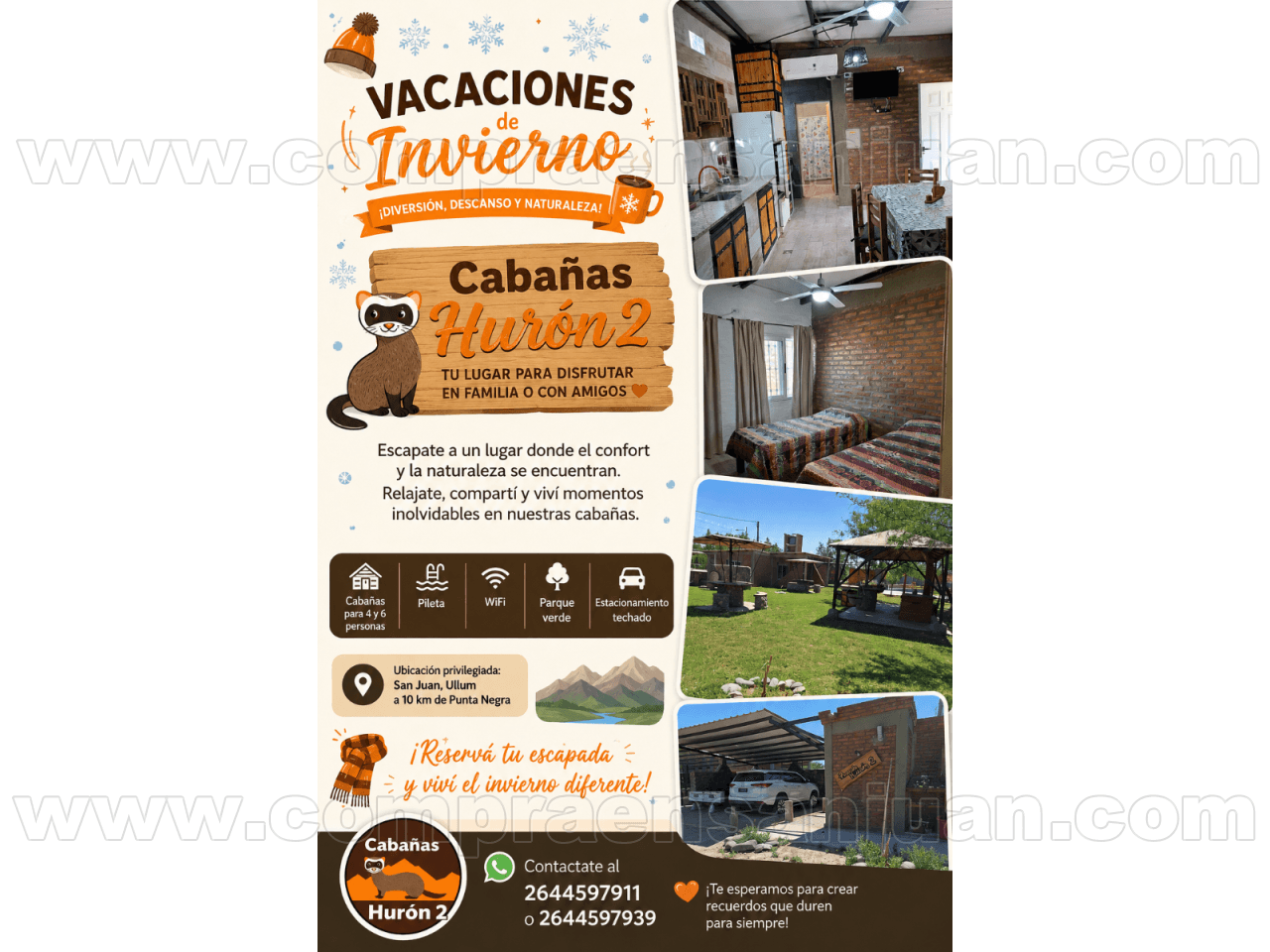 Alquiler. Cabañas Ullum, Punta Negra.